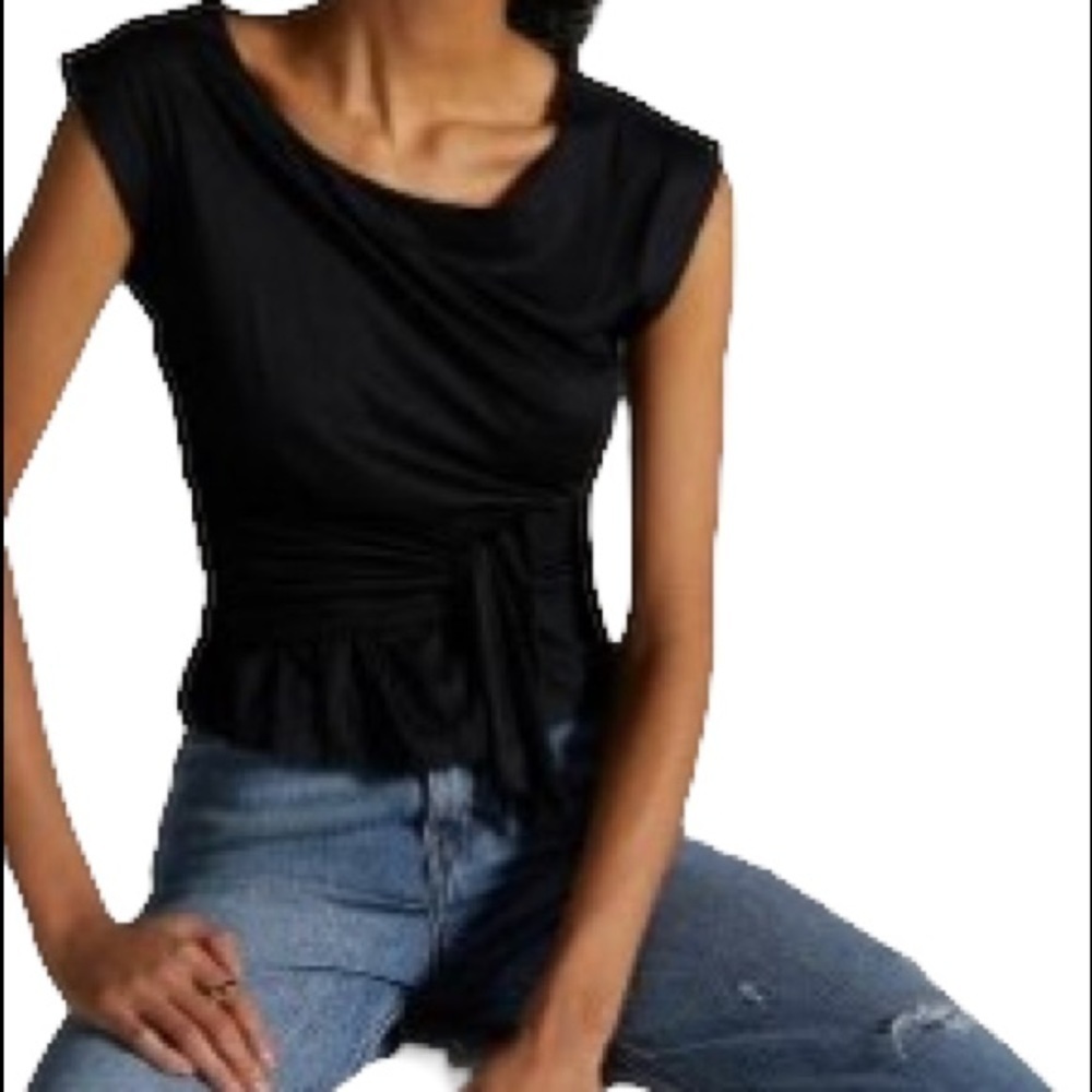 Anthropologie Black Faux Wrap Tie Waist Peplum Top Cowl Neck Sleeveless